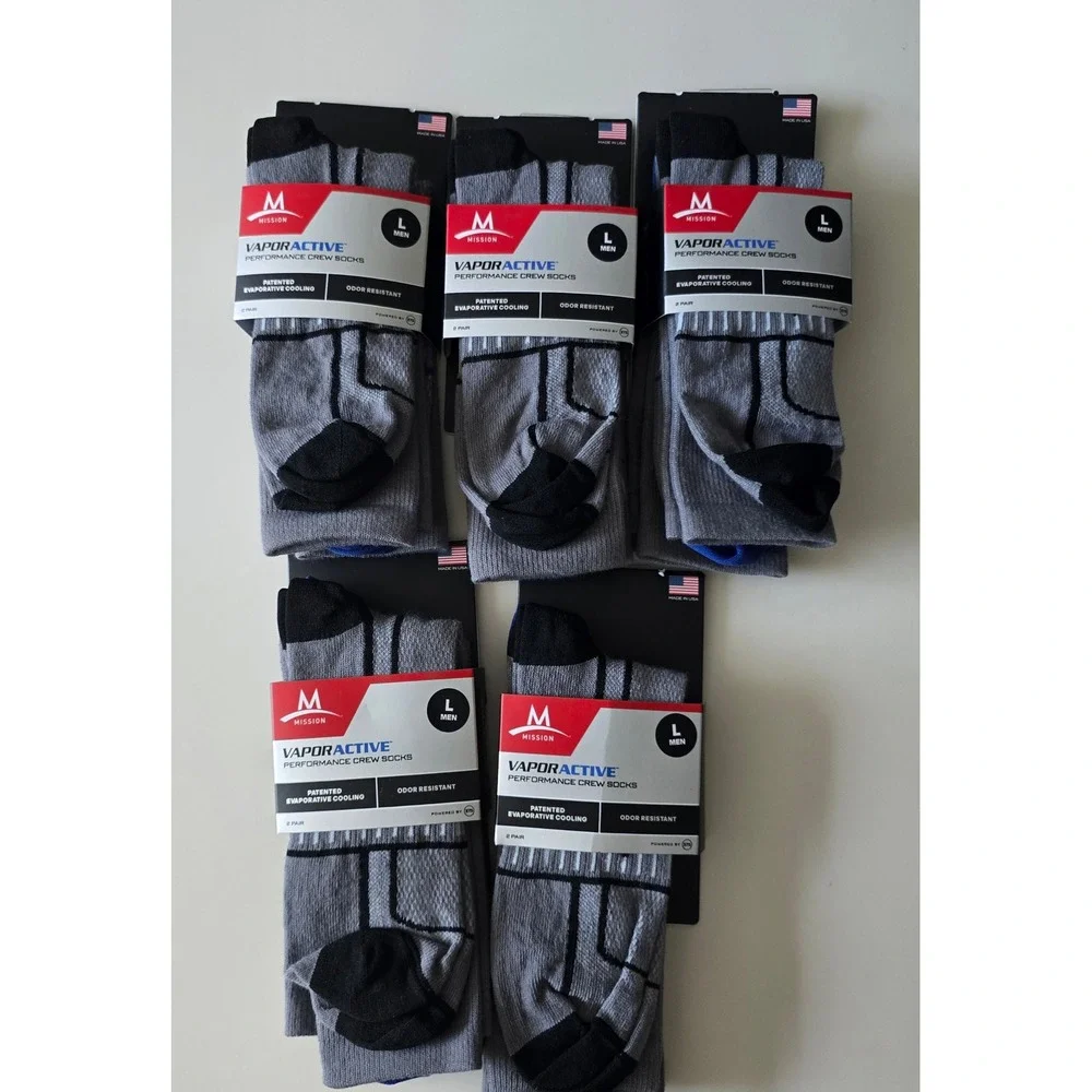 Mission VaporActive Performance Crew Socks Men L Grey Black 10 Pairs Lot 5 Packs